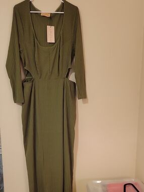 #4G Long Sleeve Olive Green Ribbed Maxi Dress with Side Cutouts